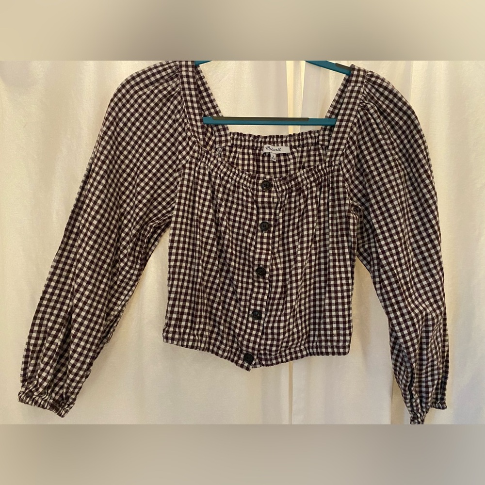 Madewell Puff-Sleeve Button-Front Crop Top in Plaid, size Medium